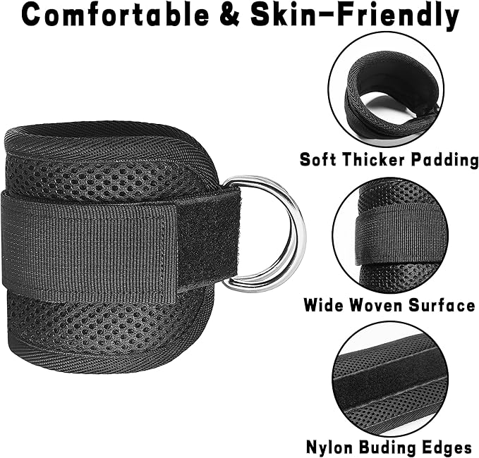 Fitness Ankle Straps for Cable Machines, 2 Pack Comfortable Adjustable Padded Ankle Wrist Cuffs, Kickback Glute Workouts for Men Women, D-Ring Leg Straps with Neoprene Padding