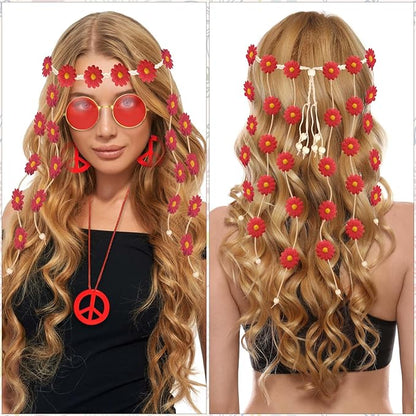 6 Pcs Hippie Costume Accessories Set, Flower Hippie Headband Boho Peace Sign Necklace Earrings Sunglasses Bracelet