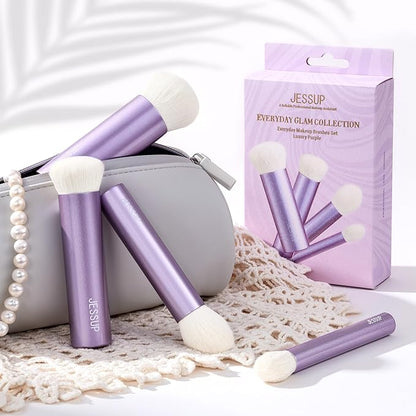 Jessup Makeup Brushes Set 4pcs Face Kabuki Brush for Foundation Contour Powder Blush Bronzer and Highlighter, Premium Synthetic Fiber Cruelty-Free, Luxury Purple T517