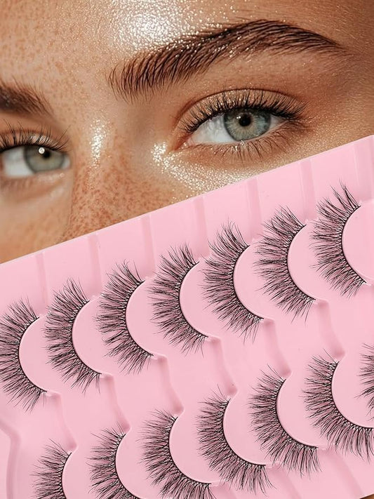 Natural Lashes False Eyelashes 15mm Wispy Eyelashes with Thin Band 3D Volume False Lashes Soft Strip Lashes Pack C Curl Natural Eyelashes Fake Lashes 7 Pair EVENTILL