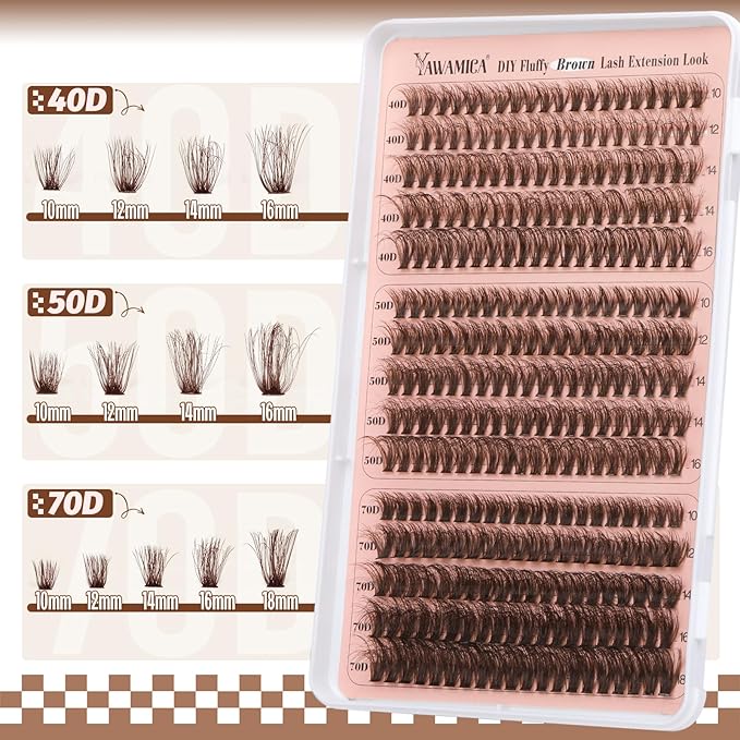 Yawamica Brown Lash Clusters Fluffier Eyelash Extension 10-16mm Individual Lashes D Curly Eyelash Clusters 40D+50D+70D Volume 300pcs Cluster Lashes Pestañas Pelo a Pelo DIY Lash Extension at Home