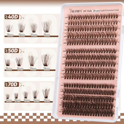 Yawamica Brown Lash Clusters Fluffier Eyelash Extension 10-16mm Individual Lashes D Curly Eyelash Clusters 40D+50D+70D Volume 300pcs Cluster Lashes Pestañas Pelo a Pelo DIY Lash Extension at Home
