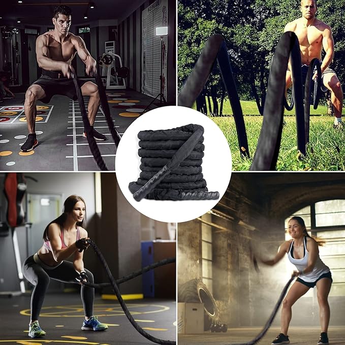 Leogreen 1.5" 30ft Heavy Battle Rope, Exercise Training Rope with Anchor Strap and Wall Mount Bracket Kit, Workout Rope with Protective Sleeve for Home Gym Cardio, Core Strength Training, Black