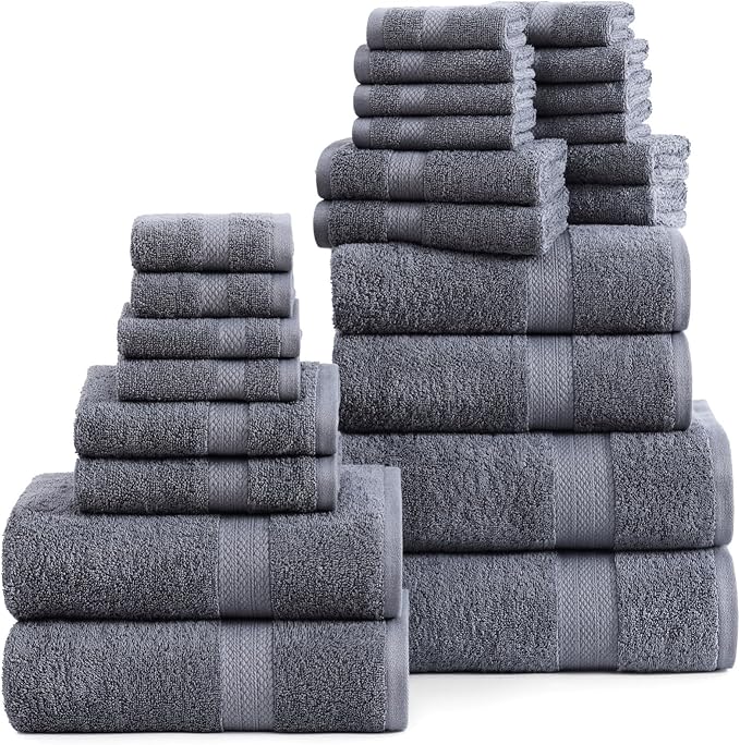 LANE LINEN Cotton Bathroom Towels Set - 24 Pcs - Ringspun, Quick Dry, Very Soft & Absorbent - 2 Bath Sheets, 4 Bath Towel, 6 Hand Towel, 8 Washcloths, 4 Fingertip - Pre Shrunk - Cool Grey