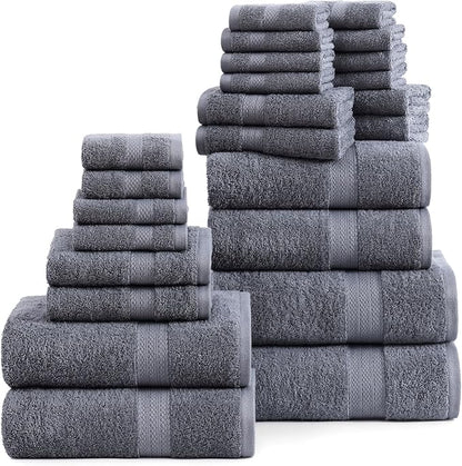 LANE LINEN Cotton Bathroom Towels Set - 24 Pcs - Ringspun, Quick Dry, Very Soft & Absorbent - 2 Bath Sheets, 4 Bath Towel, 6 Hand Towel, 8 Washcloths, 4 Fingertip - Pre Shrunk - Cool Grey