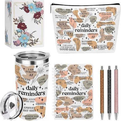 Daily Affirmations for Women Reminder Encouragement Mental Health Inspirational Thank You Gifts for Women Coworker Birthday Friendship Christmas, 6PCS 20oz Tumbler Makeup Bag Ballpoint Pen Notebook