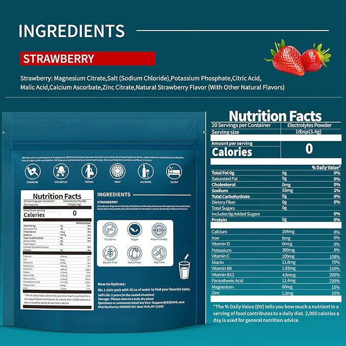 Electrolytes Powder Packets, Hydration Packets, Electrolytes Sugar Free, Portable Electrolyte Drink Mix for Rapid Hydration, No Sugar & Low Sodium | 0 Calorie | Strawberry Flavor | 20 Sticks