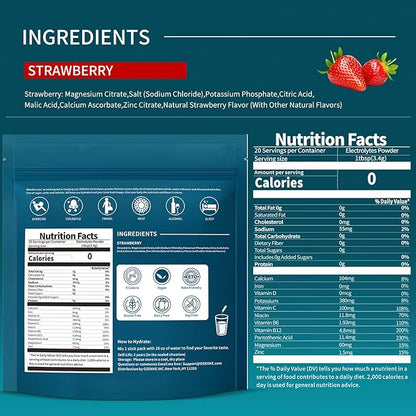 Electrolytes Powder Packets, Hydration Packets, Electrolytes Sugar Free, Portable Electrolyte Drink Mix for Rapid Hydration, No Sugar & Low Sodium | 0 Calorie | Strawberry Flavor | 20 Sticks