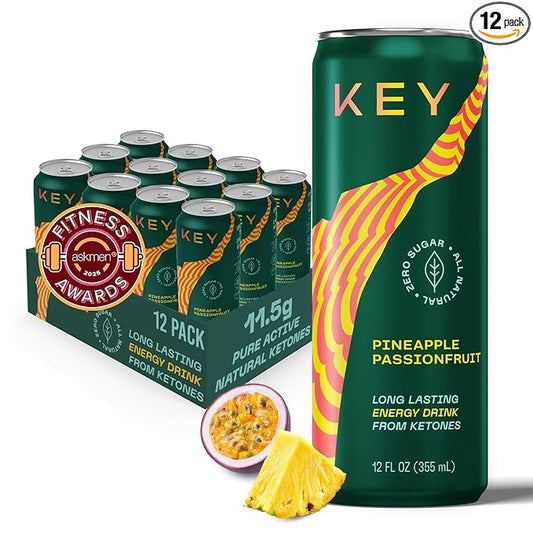 KEY Ketone Energy Drink - Sugar Free, 80mg Low Caffeine, All Natural, 11.5g Ketones, Long Lasting Energy, Green Tea & L-Theanine for Mental Focus, Pineapple Passionfruit (Pack of 12)