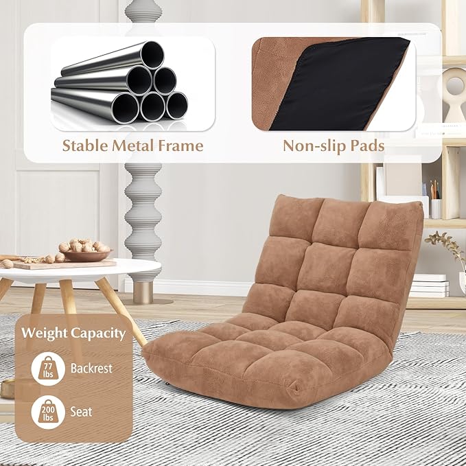 RELAX4LIFE Floor Chair with Back Support - 14-Position Adjustable Lazy Sofa Chair, Padded Sleeper Bed & Couch Recliner for Reading Meditation, Folding Floor Gaming Chair for Adults (Tan)