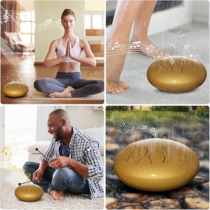 Rain Drum for Outside Garden, 6 Inches 8 Notes Steel Tongue Drums, Waterproof Meditation Rain Chime, Musical Instruments for Adult Gift with Bag, Music Book, Mallets (Gold)