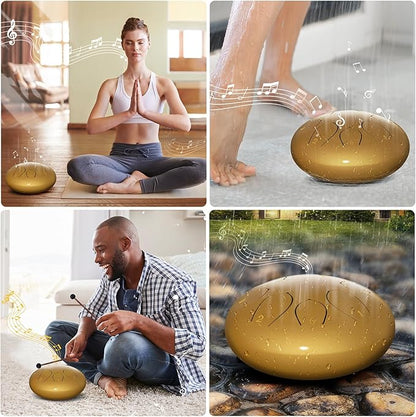 Rain Drum for Outside Garden, 6 Inches 8 Notes Steel Tongue Drums, Waterproof Meditation Rain Chime, Musical Instruments for Adult Gift with Bag, Music Book, Mallets (Gold)