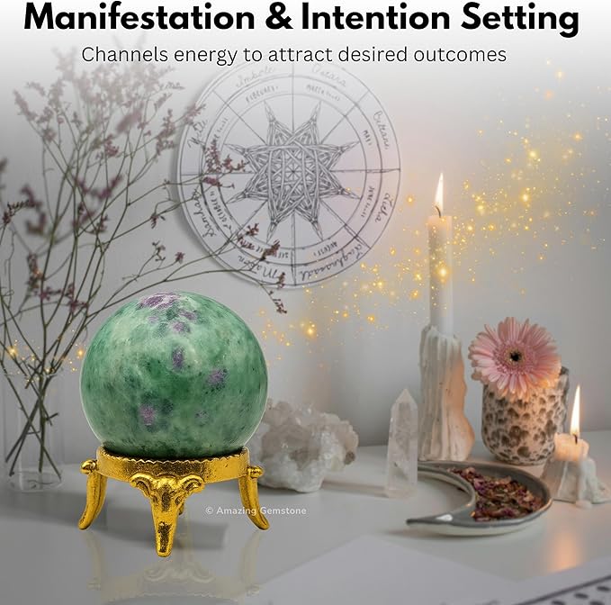 Amazing Gemstone Ruby Fuchsite Crystal Ball with Stand - 2 Inches Crystal Sphere Meditation Balls for Witchcraft and Decorative Balls