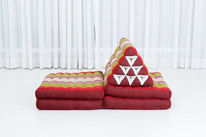 Leewadee Comfortable Japanese Floor Mattress - Thai Floor Bed with Triangle Cushion - Futon Mattress - XL Extra Long Thai Massage Mat, 89 x 20 inches, Green Red, Kapok Filling
