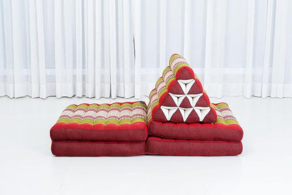 Leewadee Comfortable Japanese Floor Mattress - Thai Floor Bed with Triangle Cushion - Futon Mattress - XL Extra Long Thai Massage Mat, 89 x 20 inches, Green Red, Kapok Filling