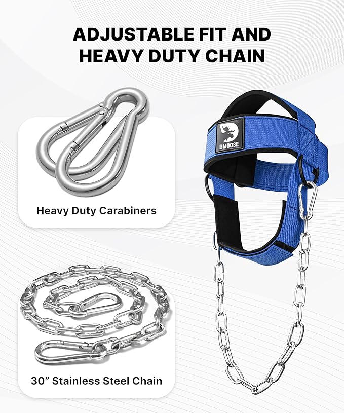 DMoose Fitness Neck Harness for Weight Lifting - Soft Padded Head & Chin Strap with 30" Heavy Duty Steel Chain - Neck Exerciser, Trainer & Strengthener to Support Injury Recovery and Intense Workouts