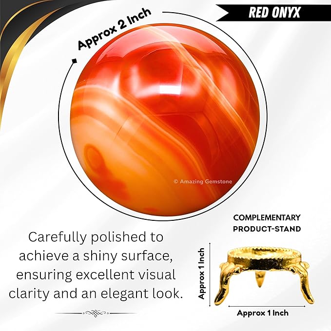 Amazing Gemstone Carnelian Onyx Crystal Ball with Stand - 2 Inches Crystal Sphere Meditation Balls for Witchcraft and Decorative Balls
