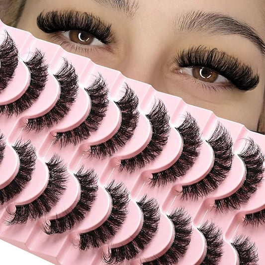 Lashes False Wispy Eyelashes Natural Cat Eye Lash Strips 10 Pairs Fake Mink Eyelash Pack Natural Look Fluffy Strip Lashes Set Clear Band Easy Eyelashes for Beginners with Cluster Looking