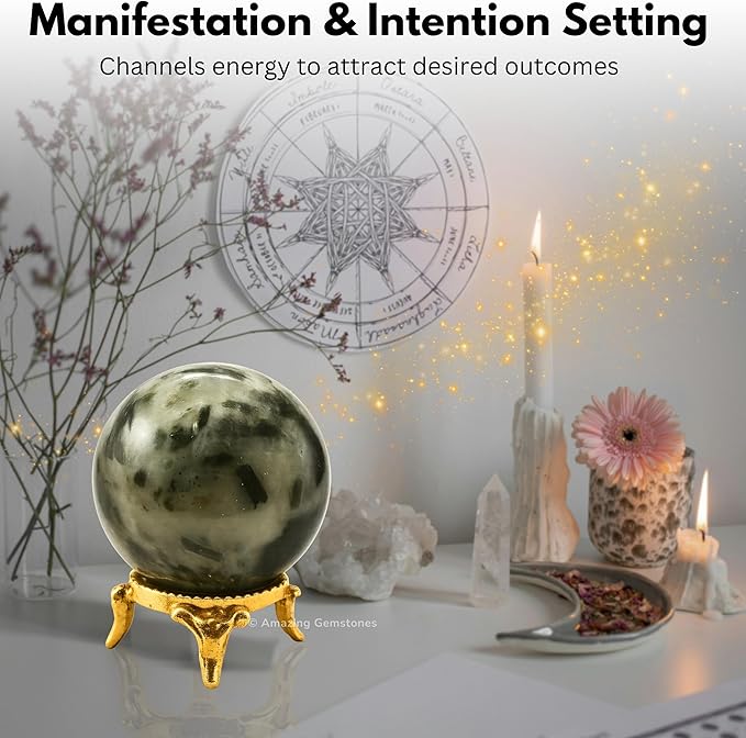 Amazing Gemstone Green Tourmaline in Quartz Crystal Ball with Stand - 2 Inches Crystal Sphere Meditation Balls for Witchcraft and Decorative Balls