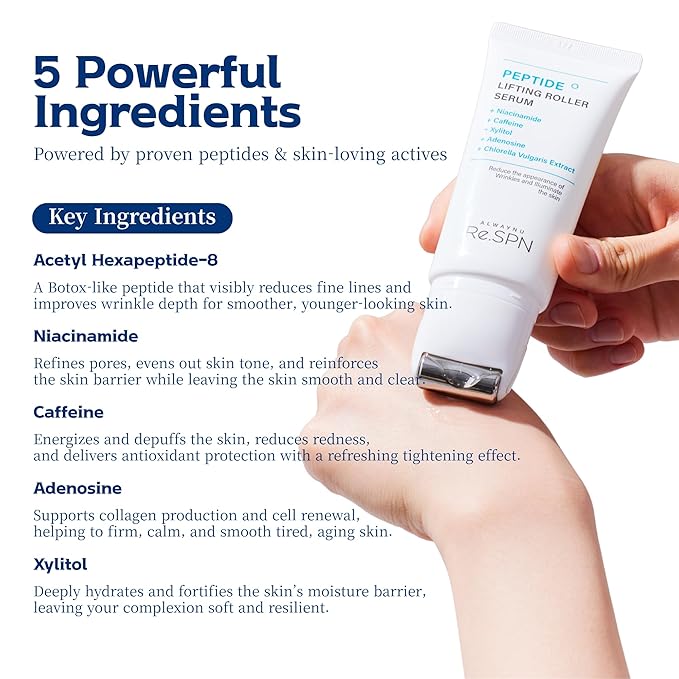 Re.SPN Peptide Lifting Roller Serum – For Wrinkles, Lifting & Pore Tightening on Face & Neck with Gua Sha Applicator, Vegan, Anti-wrinkle Peptide, Niacinamide, K-Beauty (0.67 fl oz)