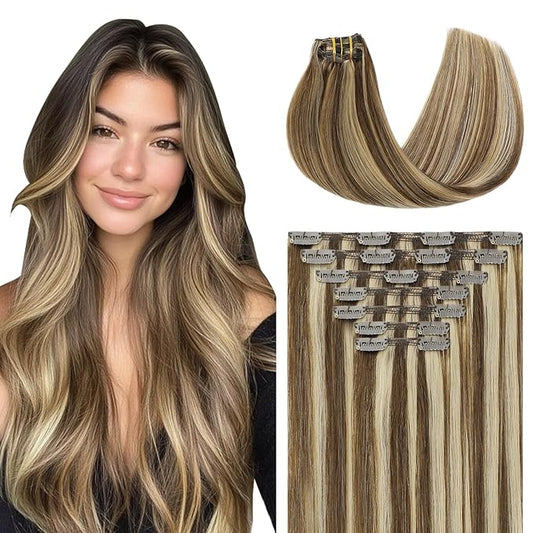 Youngsmile Clip in Hair Extensions Human Hair Color 4 Chocolate Brown Highlight with 27 Caramel Blonde Human Hair Extensions Clip in for Women Double Weft,22inch 160g 7pcs (7C#4P27-22Inch)