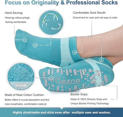 Muezna Non Slip Yoga Socks for Women, Anti-Skid Pilates, Barre, Hospital Socks with Grips, Size 5-10