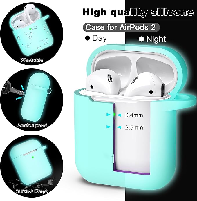 R-fun Compatible with AirPods Case Cover, Soft Silicone Protective Cover with Keychain for Women Men Compatible with Apple AirPods 2nd 1st Generation Charging Case, Front LED Visible,Glow Blue