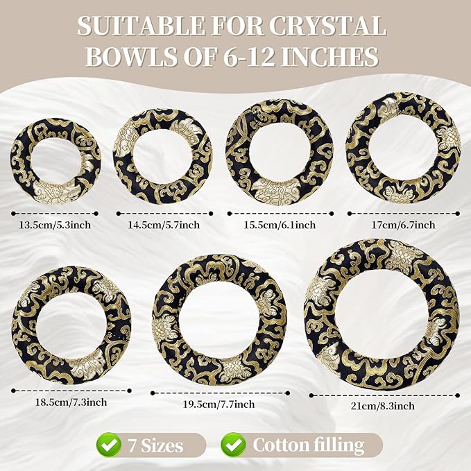 10 Pcs Singing Bowl Cushion Set 7 Silk Cloth O Ring with 3 Crystal Singing Bowl Mallet Include Solid and Hollow Stick Wood Handle Rubber Mallet for 6-12" Tibetan Sound Meditation (Black Gold)