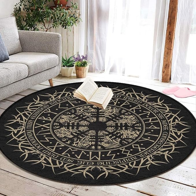 Soft Round Yoga Carpet, Large Home Decor Mat, Non-Slip Machine Washable Kitchen Office Circle Rug Compatible with Cool Norse Viking Vegvisir Runic Compass