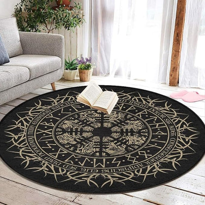 Soft Round Yoga Carpet, Large Home Decor Mat, Non-Slip Machine Washable Kitchen Office Circle Rug Compatible with Cool Norse Viking Vegvisir Runic Compass