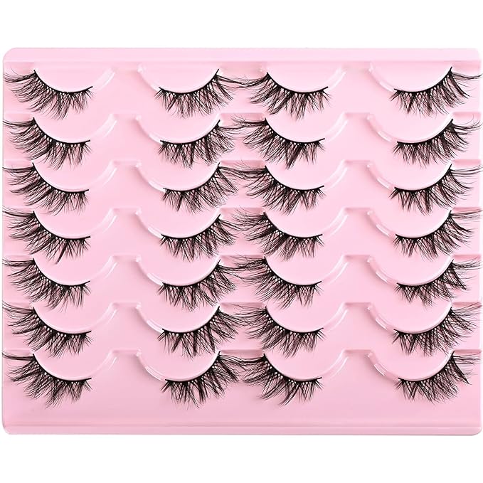 Half Lashes False Half Eyelashes Cateye Wispy Lash Natural Look 14 Pairs Fake Eyelash Strips 8-15mm 3D Fluffy Lashes Pack for Women