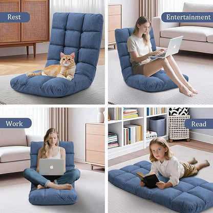 Folding Floor Chair with Back Support, 14 Adjustable Positions, Breathable Padded Sleeper Bed, Couch Recliner, Gaming Sofa Chair for Adults & Kids, Perfect for Meditating, Reading, Living Room (Blue