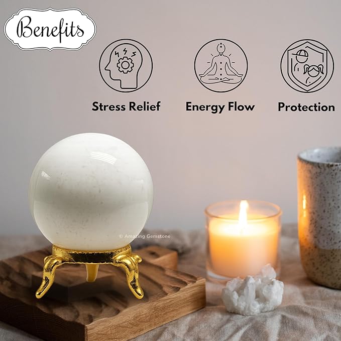 Amazing Gemstone Snow Quartz Crystal Ball with Stand - 2 Inches Crystal Sphere Meditation Balls for Witchcraft and Decorative Balls