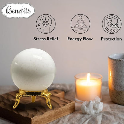 Amazing Gemstone Snow Quartz Crystal Ball with Stand - 2 Inches Crystal Sphere Meditation Balls for Witchcraft and Decorative Balls
