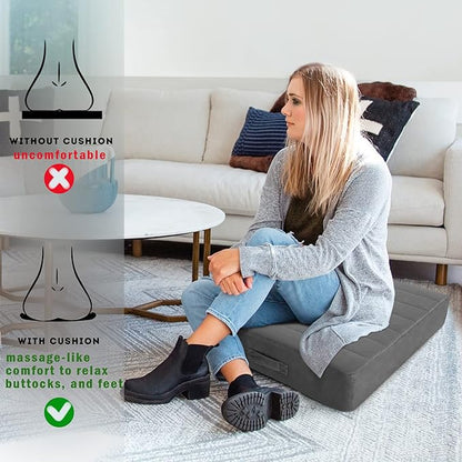 MeMoreCool Square Floor Pillow for Adults and Kids, Large Meditation Cushion with Thick Foam and Washable Tufted Cover, 24-Inch Grey Seat for Sitting and Yoga
