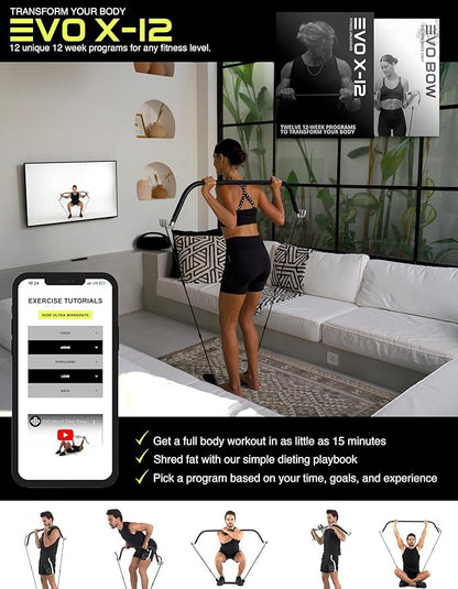 EVO Bow - All in One Portable Home Gym System | Compact Strength Training and Exercise Equipment for Travel with Notched Resistance Bands for Full Body Training and Weighted Pushups | 300lbs