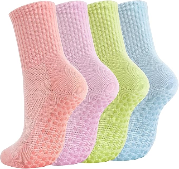 Breslatte Crew Pilates Socks with Grips for Women Non Slip Cotton Grip Socks for Yoga Hospital Barre Home Daily