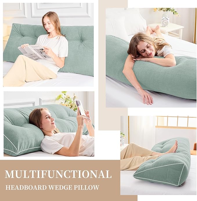 Sasttie Headboard Pillow King, Wedge Pillow Headboard for Sitting Up in Bed, Back-Rest Support Triangular Cushion for Reading - Features Removable Washable Cover, Mint Green