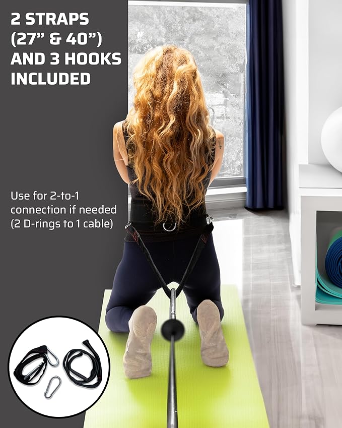 Multi-Attachment Belt for Cable Machine and Smart Home Gym Squats and Hip Thrusts, 5 Attachment Points for Optimal Weight Distribution, 2 Straps (40” & 27”) and 3 Metal Snap Hooks Included