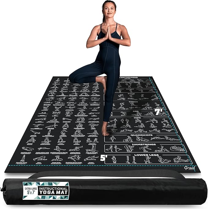 Extra-Large Instructional Yoga Mat with Poses Printed On It - 3X Bigger & 2X Wider than Regular Workout Mats - 150 Illustrated Yoga Poses and Stretches - Wide, Non-Slip, Barefoot Exercise Mat
