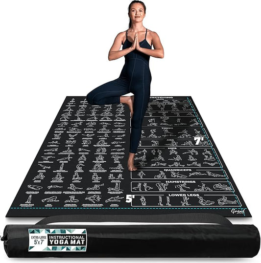Extra-Large Instructional Yoga Mat with Poses Printed On It - 3X Bigger & 2X Wider than Regular Workout Mats - 150 Illustrated Yoga Poses and Stretches - Wide, Non-Slip, Barefoot Exercise Mat