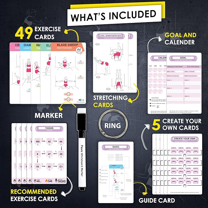 Wall Pilates Workouts For Women - 58 Exercise Cards with Wall Pilates Workout Postures, Instructions & Breathing Tips | Free Ring & Dry-Erase Marker to Create a Customize pilates at home Exercise Chart