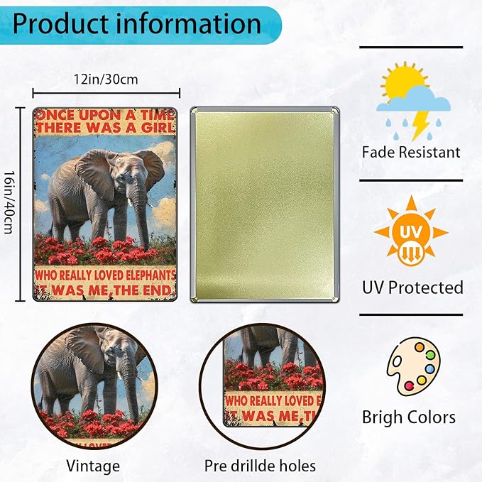 Retro Elephants Metal Poster There Was A Girl Who Really Loved Elephants Metal Tin Signs Vintage Plaque Wall Decor Gift For Home Kitchen Office Men Cave Club Bar 12x16 Inch