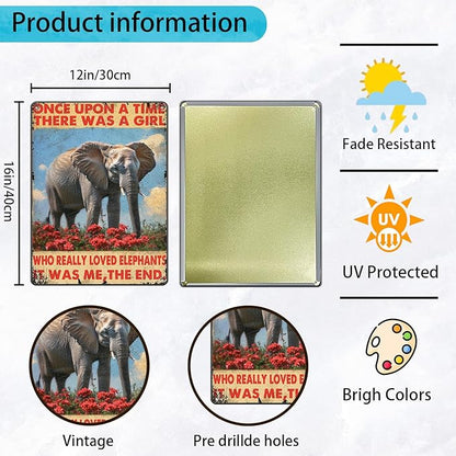 Retro Elephants Metal Poster There Was A Girl Who Really Loved Elephants Metal Tin Signs Vintage Plaque Wall Decor Gift For Home Kitchen Office Men Cave Club Bar 12x16 Inch
