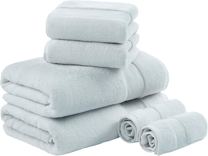 Madison Park Turkish 100% Cotton 600Gsm Luxury Premium Thick Soft Absorbent Hotel Bathroom Towel Set Shower Hand Face Washcloths, Assorted Sizes, Light Blue 6 Piece