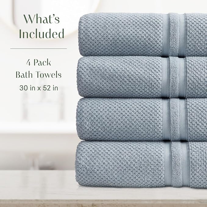 Springtree Home Blue Bath Towels Set of 4 | Popcorn Textured | 100% Combed Cotton | Absorbent Quick-Dry Towels for Bathroom | Oeko-TEX® Standard 100 Cotton | Poli Collection - Blue Fog