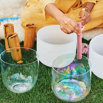 Nuanchu 5 Pcs Crystal Singing Bowl Mallet Set Includes Sheepskin Solid and Hollow Sound Sticks Singing Bowl Rubber Mallet with Wood Handle Clear Acrylic Striker for Playing (Pink)