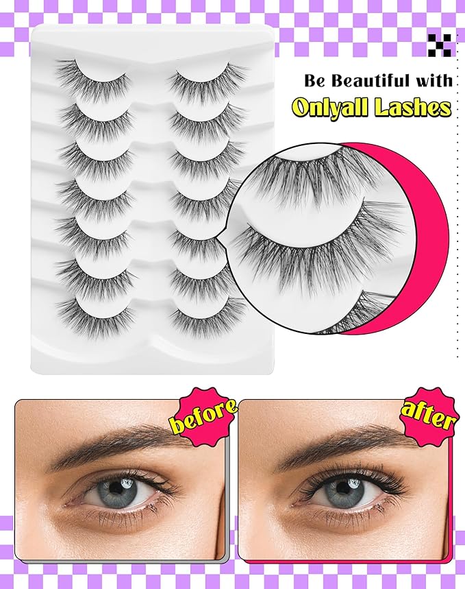 Onlyall Natural Lashes Wispy Lashes Natural Look False Eyelashes Natural Flared Eyelashes False Eye Lashes Soft Fluffy Lashes 7 Pairs D6 Volume-13mm