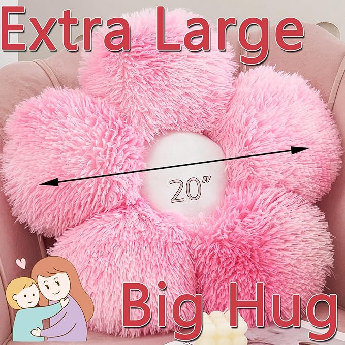 MorroMorn Flower Pillow Shaped Throw Pillows, 20" Floor Pillow Butt Cushion - Fluffy Shaggy Daisy Floral Decorative Pillows for Bed Couch Sofa Chair Cute Plush Faux Fur Room Decor (Pink)