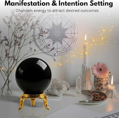 Amazing Gemstone Black Obsidian Crystal Ball with Stand - 2" Inches Crystal Sphere Meditation Balls for Witchcraft and Decorative Balls